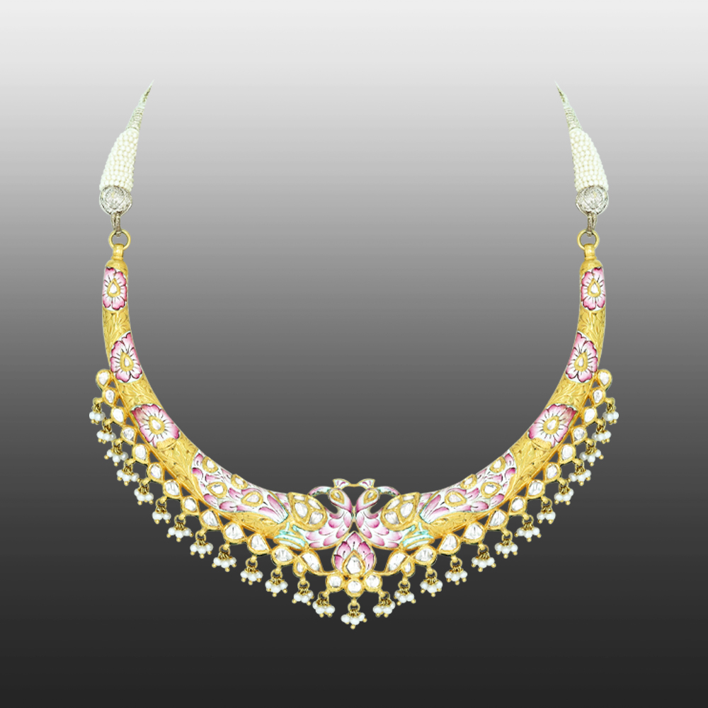 Hasli Necklace with Pink Enamel and Polki Pearls